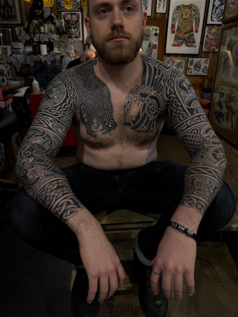 Ornamental and ethnic tattoo by Austris Briedis, Rīgas Tinte