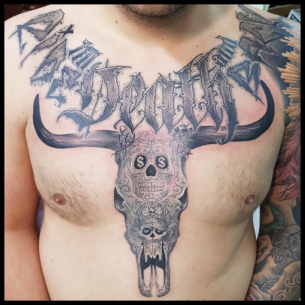 Neo traditional tattoo with lettering by Jānis Kinēns, Rīgas Tinte