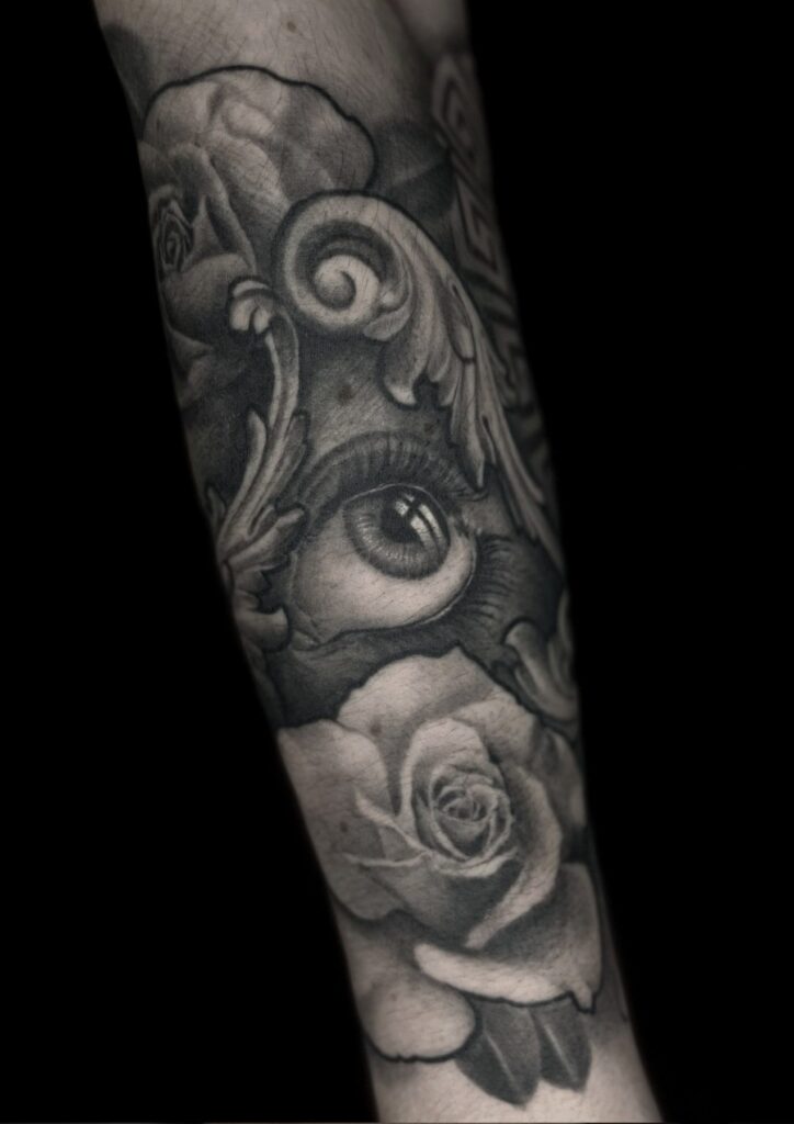 Black and grey, realistic tattoo by Kristaps Mazūrs, Rīgas Tinte