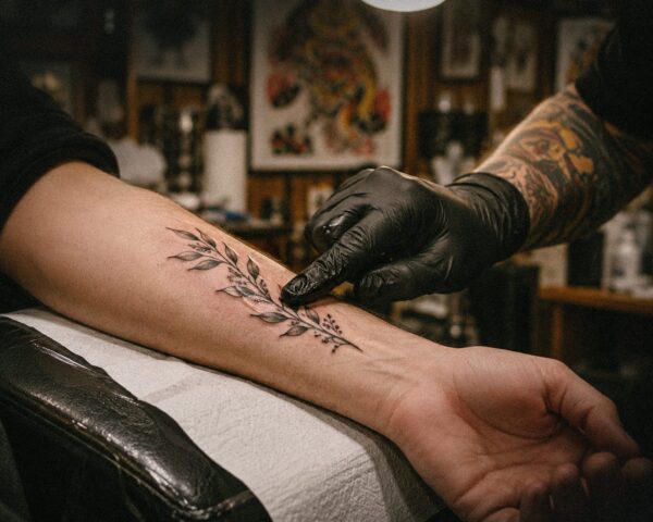 A tattoo artist in gloves touches a fresh leaf tattoo on a forearm