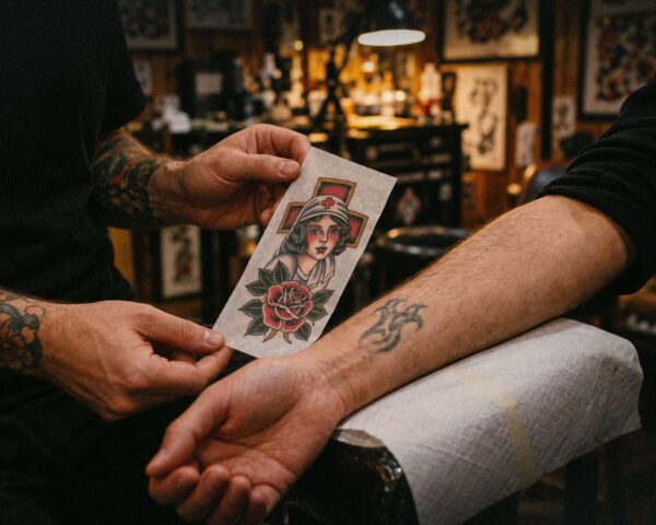 A tattoo artist holds a new design of a woman and a rose next to an old tattoo on a client's arm
